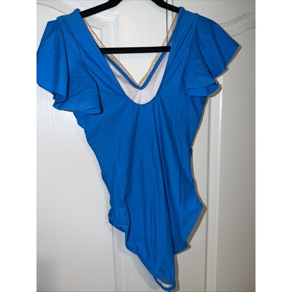 Women Swim Bathing Suit One piece Sz Med Ruffle Sleeve Crochet Blue NWOT Boho - Picture 5 of 12
